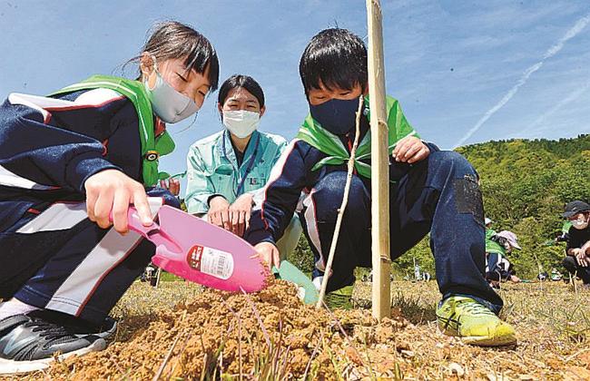 苗木を植える児童＝隠岐の島町原田、寺の前公園