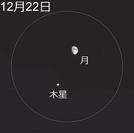 １２月２２日、いずれも午後７時の木星と月。円は低倍率（ばいりつ）の双眼鏡（そうがんきょう）で見た視野（しや）のイメージ＝アストロアーツ／ステラナビゲータの星図を元に作成