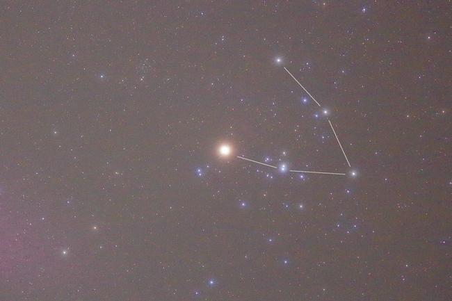 アルデバラン（中央）とヒアデス星団のＶ字形＝２０２３年１２月７日、三瓶自然館サヒメルで撮影（さつえい）