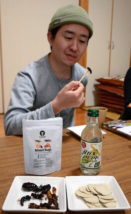 蚕のさなぎの素揚げを食べようとする参加者＝出雲市佐田町八幡原、交流施設「結」