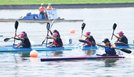 カヌースプリント女子カヤックフォア200メートルで２位に入った島根中央（奥側）｡左から藤倉萌、宮本光姫、河端風花、品川聖奈