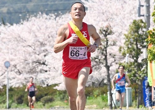 満開の桜並木沿いを走る４区のランナー＝出雲市平田町（第７９回大会）