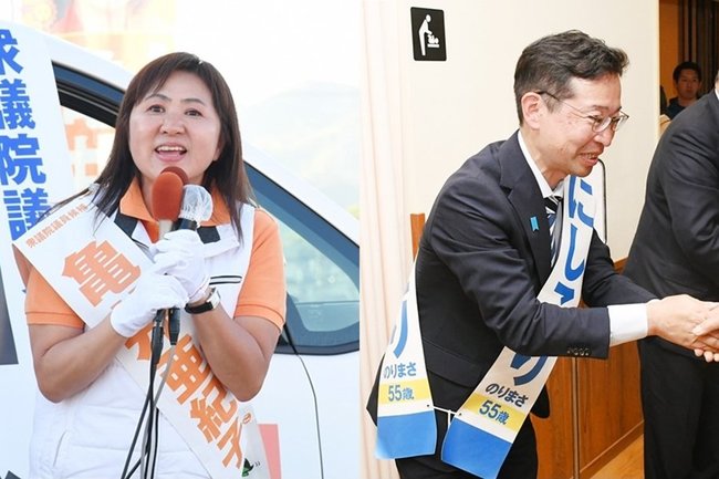 支持者と握手を交わす錦織功政候補（右）と街頭で支持を求める亀井亜紀子候補＝２５日、島根県内