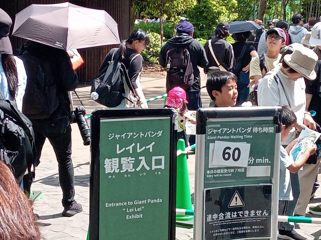 上野動物園のパンダ「レイレイ」の観覧入り口。開園から間がないのに「待ち時間６０分」の案内が出ていた＝１１日、東京都台東区