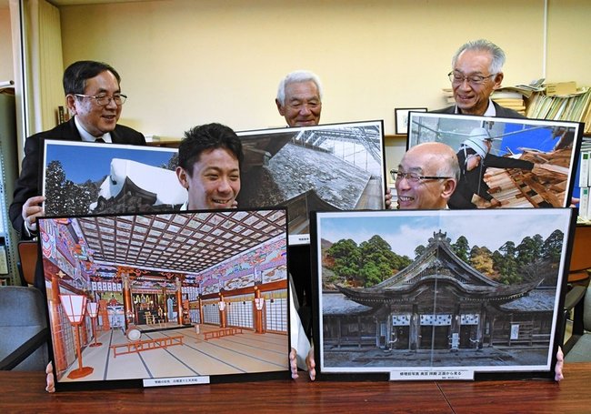 大神山神社への支援を呼びかける相見和紀宮司（前列右）ら関係者＝米子市加茂町１丁目、市役所