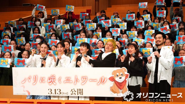 『パリに咲くエトワール』公開直前“春休み”特別試写会に参加した(左から)嵐莉奈、當真あみ、長屋晴子、穴見真吾、peppe、小林壱誓 (C)ORICON NewS inc.