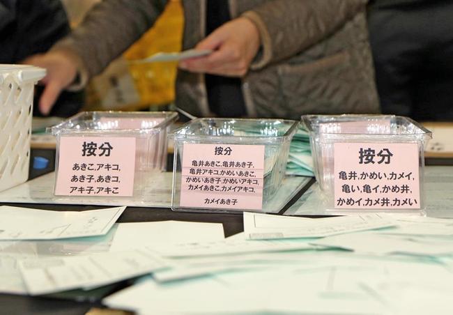 あらかじめ案分票をパターン別に分けて開票する松江市選挙管理委員会＝３１日午後９時ごろ、松江市学園南１丁目、市総合体育館