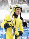 ①ＳＴＶ杯国際ジャンプ大会で２回目の飛躍を終えて取材に応じる葛西紀明選手＝１月21日、大倉山