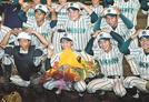 試合後に部員と記念写真を撮る川上瑞希さん（前列左から２人目）＝出雲市大社町北荒木、島根県立浜山公園野球場
