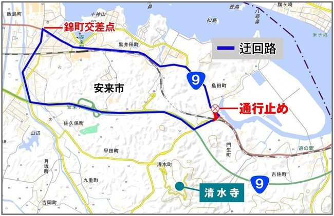 （島根県の道路規制情報サイトの地図を基に作成）