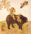 小杉放菴《金太郎遊行図》１９４２（昭和１７）年　「和魂洋才」の教えを受けた放菴は、油絵で日本的なものを表現しようとした。住友家の玄関を飾る壁画として依頼されたこの絵でも、日本画を思わせる独自の表現が見られる。孫をモデルに描いた金太郎の表情も朗らかな一枚。