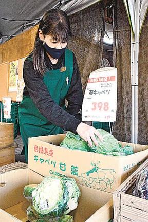 通常の倍の値段で販売されているキャベツ＝松江市西法吉町、スーパーマーケット・ハロー