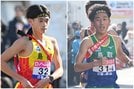 都道府県対抗男子駅伝で４区を走る（左から）島根の石川幸輝、鳥取の末永琉海＝広島県廿日市市