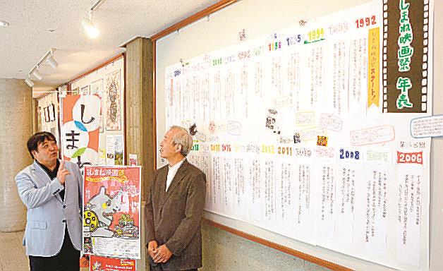 映画祭の歩みを振り返る錦織良成監督（左）と大国晴雄実行委員長＝松江市殿町、島根県民会館