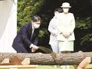 第７１回全国植樹祭にオンラインで参加し、のこぎりでクロマツを切られる天皇陛下と皇后さま＝３０日午後、赤坂御用地（代表撮影）