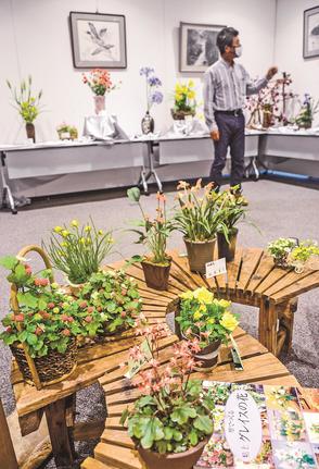 本物そっくりのグレイスフラワーや水墨画を眺める来場者＝安来市飯島町、アルテピア