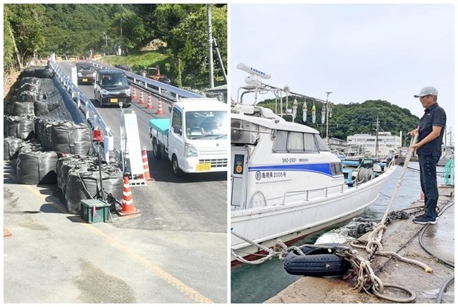 【左】住民の車両が通る緊急車両用道路（写真の一部を加工しています）＝出雲市大社町日御碕　【右】岸壁に係留した船の固定具合を確認する杉原和男さん＝浜田市長浜町