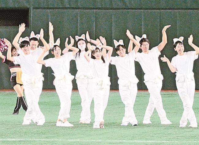 「うさぎダンス」を披露する鳥取県職員でつくる「とっとり白うさぎダンサーズ」＝東京都文京区、東京ドーム