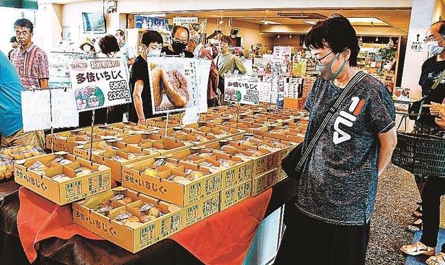 新鮮なイチジクを品定めする来場者＝出雲市多伎町多岐、道の駅キララ多伎