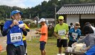 エイドステーションで手打ちそばを頬張る参加者=島根県奥出雲町下横田