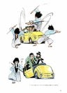 画集よりルパン一味とフィアット５００のイラストの紹介ページ【取材・画像協力／大塚康生　協力／トムス・エンタテインメント　（ｃ）モンキー・パンチ／ＴＭＳ・ＮＴＶ　原作：モンキー・パンチ　（ｃ）ＴＭＳ】