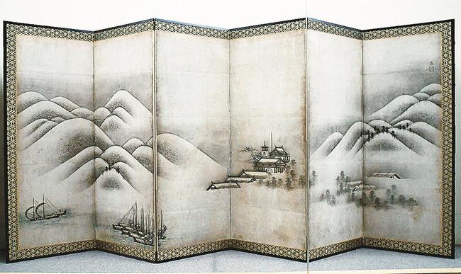 雲谷等益の「山水図屏風」（右隻）＝益田市乙吉町、市立雪舟の郷記念館