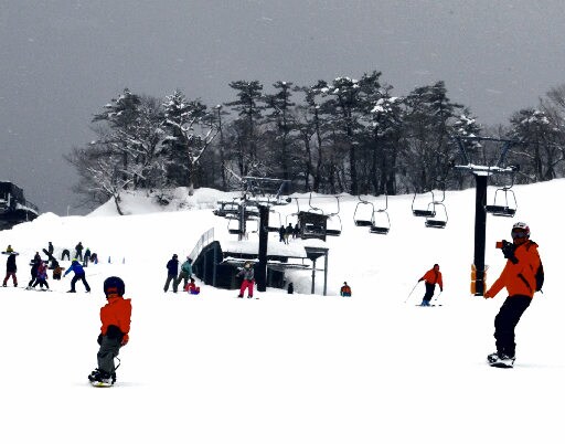 豪円山エリアでスノーボードを楽しむ親子=鳥取県大山町大山、だいせんホワイトリゾート