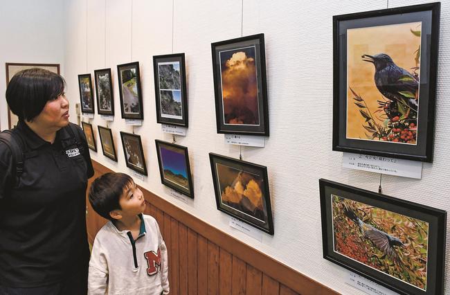 豊かな自然や風景を撮影した作品に見入る来館者＝島根県邑南町上亀谷、瑞穂ハンザケ自然館