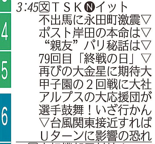 １５日付のＴＳＫさんいん中央テレビのテレビ欄。右端の文字を縦読みすると「大社がんばれ」のメッセージになっている