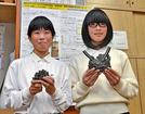 島根県科学作品展で受賞し、自分たちで作ったけらを手にする加納菜摘さん（左）と野中風花さん＝雲南市大東町養賀、大東中学校