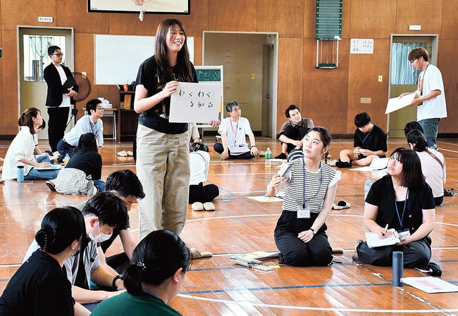 挑戦したいことのアクションプランを発表する学生たち＝雲南市掛合町入間、入間交流センター