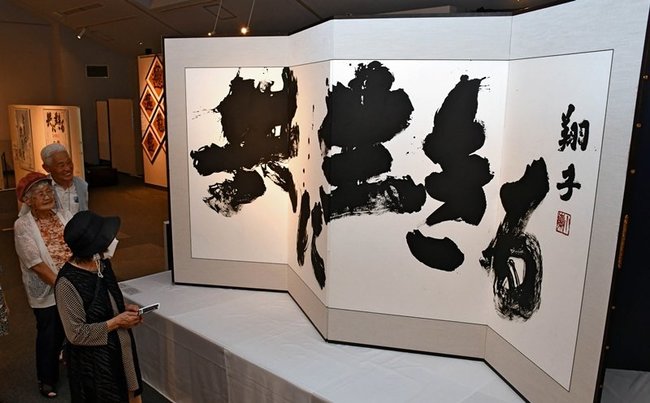 作品に見入る来場者＝出雲市浜町、出雲文化伝承館