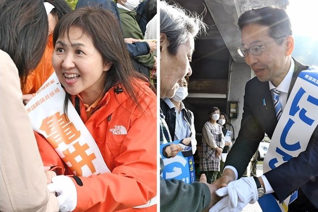 【写真左】有権者と握手する亀井亜紀子候補＝安来市内 【同右】有権者と至近距離で握手を交わす錦織功政候補（右）＝松江市内