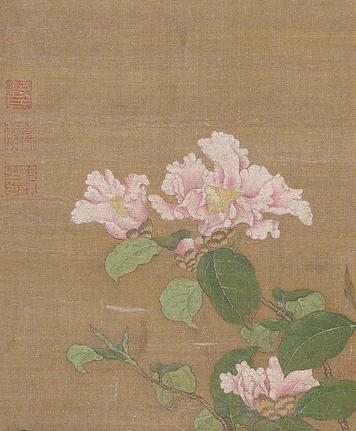銭選作とみられる米国のボストン美術館所蔵の「山茶花図」（Ｗｉｌｌｉａｍ　Ｓｔｕｒｇｉｓ　Ｂｉｇｅｌｏｗ　Ｃｏｌｌｅｃｔｉｏｎ／Ｐｈｏｔｏｇｒａｐｈ　Ｍｕｓｅｕｍ　ｏｆ　Ｆｉｎｅ　Ａｒｔｓ，Ｂｏｓｔｏｎ）