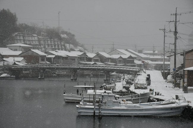 大雪警報から一夜明け、日中も強い雪が降る=22日午前10時、島根県隠岐の島町港町