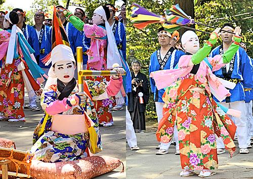 ホーランエンヤの成功を祈る櫂伝馬踊り奉納で太鼓をたたく兄の田中悠翔君（写真左）と、采振りを演じる弟の海翔君＝いずれも４日、松江市八幡町の平濱八幡宮境内
