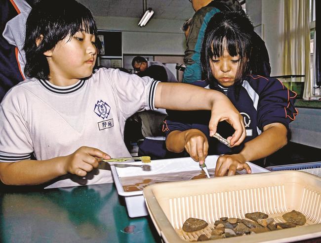 遺跡から出土した土器片についた土を歯ブラシで落とす児童＝益田市美都町都茂、都茂小学校
