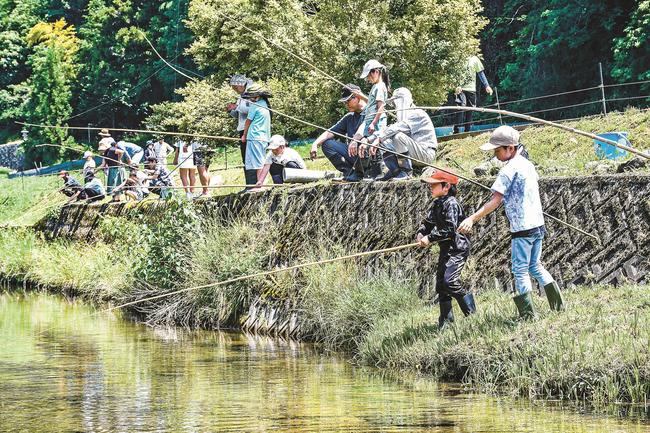 手作りのさおで魚釣りを楽しむ参加者＝島根県邑南町八色石