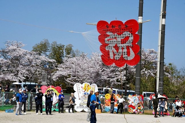 たくさんの人が見守る中、宙に舞う「いぐり凧」の祝い凧＝島根県隠岐の島町栄町、町総合運動公園