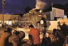 ライトアップされた蒸気機関車を撮影する鉄道ファンや観光客＝島根県津和野町後田、ＪＲ津和野駅