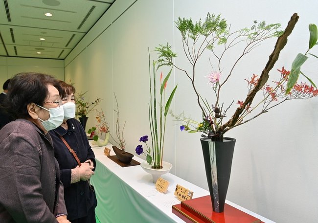 季節感ある生け花を鑑賞する来場者＝安来市飯島町、市総合文化ホールアルテピア