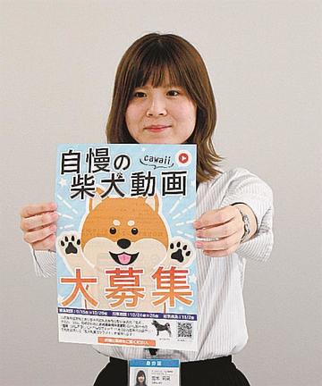 柴犬のＰＲに奮闘する宮本莉果さん＝松江市北陵町、アイ・コミュニケーション
