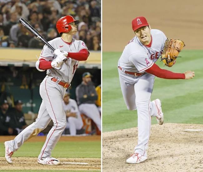 米大リーグ、アスレチックス戦に先発登板して今季１０勝目を挙げ、１０４年ぶりとなる「２桁勝利、２桁本塁打」を達成したエンゼルス・大谷翔平選手。打者では２５号ソロを放った＝９日、オークランド（共同）