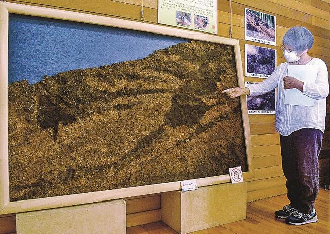 土のう積み工法が使われたことが分かる古墳の断面図を紹介する笹尾千恵子副館長＝米子市淀江町福岡、上淀白鳳の丘展示館