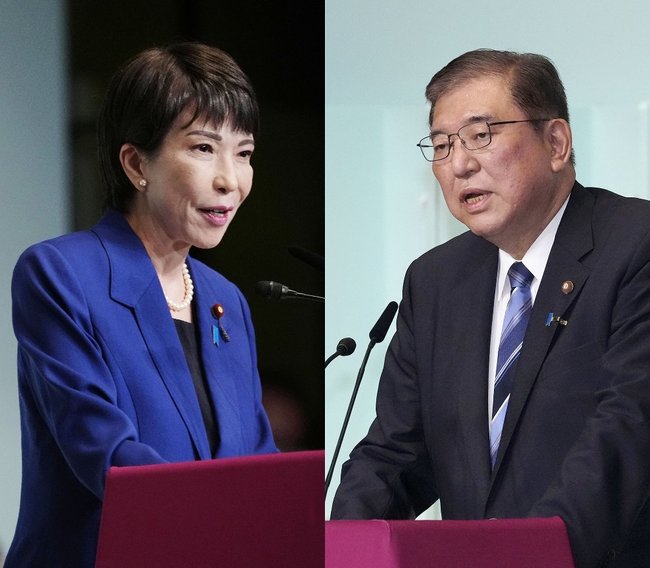 自民党総裁選の決選投票前に演説する石破茂氏（右）と高市早苗氏＝９月２７日、東京・永田町の党本部