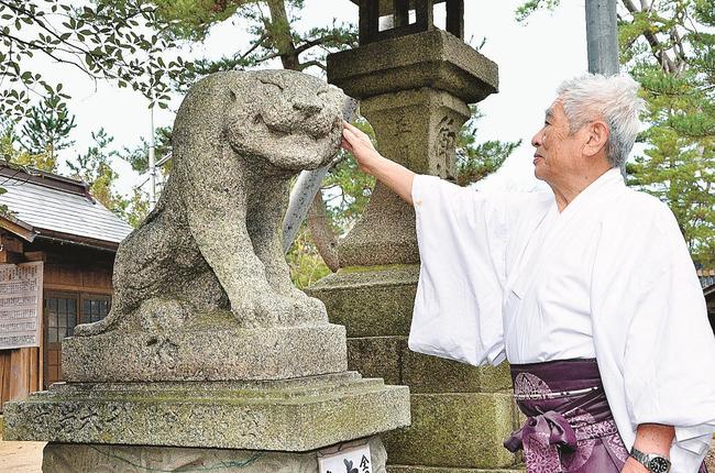 トラのこま犬をなでる岡村吉明宮司＝鳥取市賀露町北１丁目