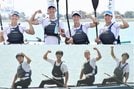 （写真上）カヌースプリント・男子カヤックフォア５００㍍で２連覇した島根中央。左から児島生知、吉村颯人、河野賢晃、河野文晃‖大分県豊後高田市、真玉Ｂ＆Ｇ海洋センターカヌー場／（写真下） カヌースプリント・男子カナディアンフォア５００㍍で初優勝した出雲農林。左から石原里海、飛田統羽、立花賢太郎、宮原悠煌‖大分県豊後高田市、真玉Ｂ＆Ｇ海洋センターカヌー場