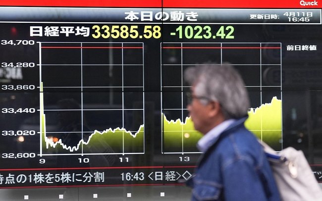 日経平均株価の終値を示すボード＝４月１１日、東京都新宿区