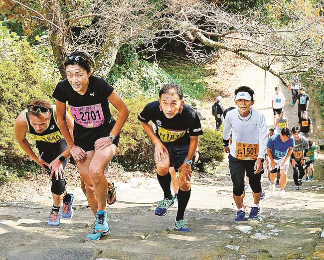 石段を上る選手たち＝出雲市小境町、一畑薬師