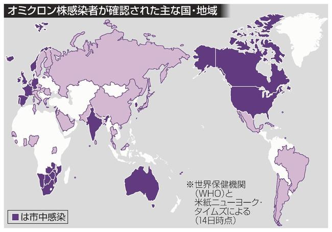 オミクロン株感染者が確認された主な国・地域